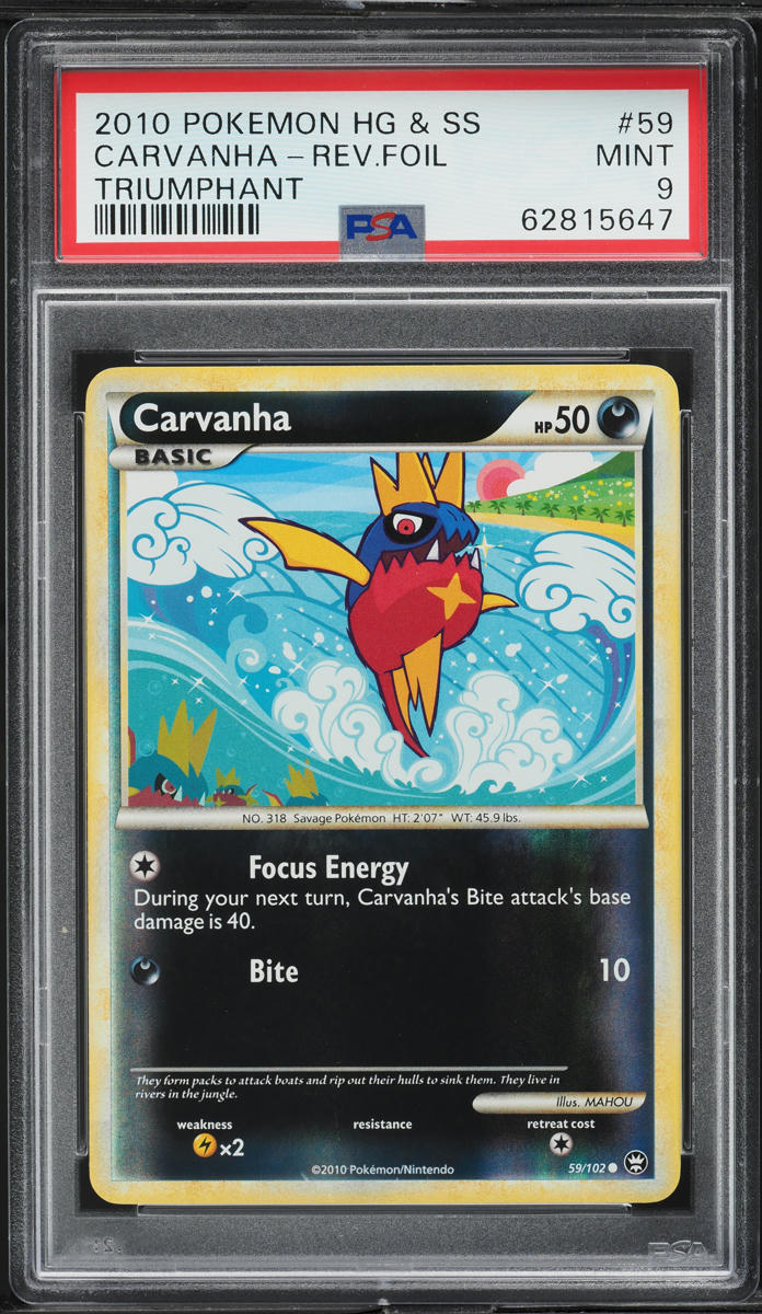 2010 Pokemon HeartGold & SoulSilver Triumphant Reverse Holo Carvanha #59 PSA 9