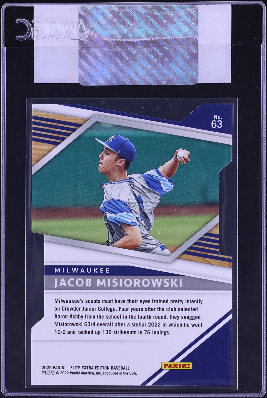2022 Panini Elite Extra Edition Status Gold Jacob Misiorowski /10 #63 CGC AUTH