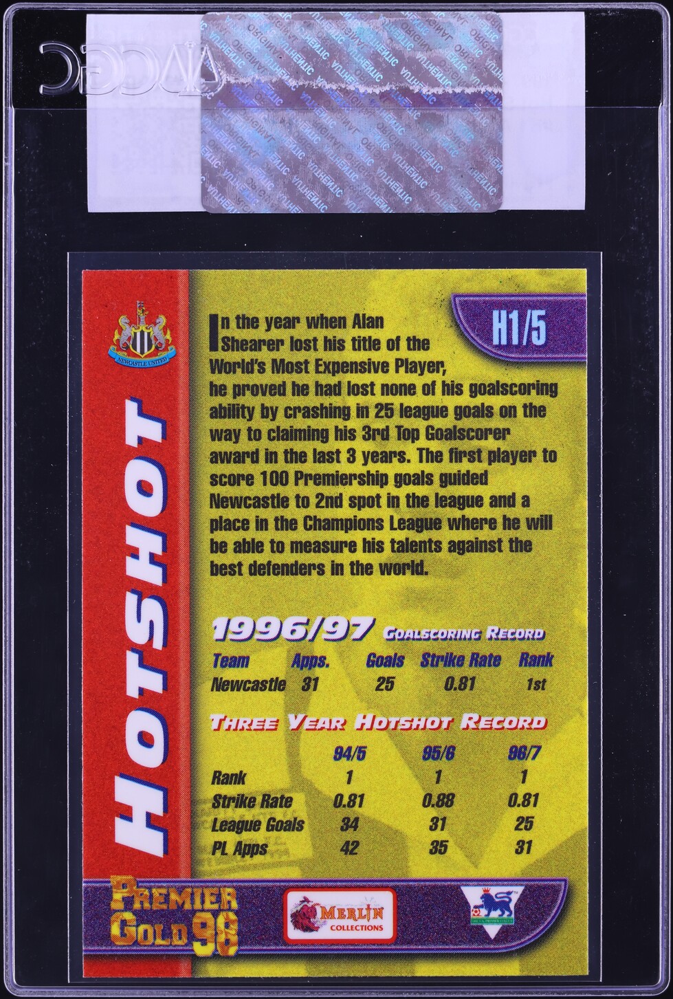 1997 Merlin Premier Gold Hot Shots Alan Shearer #H1 CGC AUTH