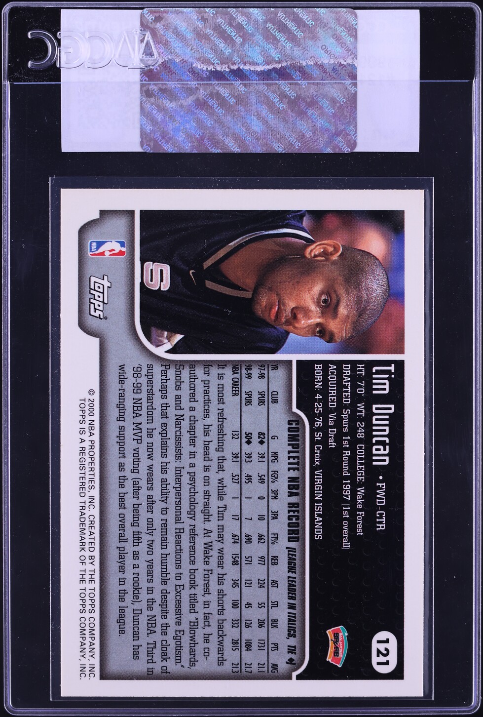 1999 Topps Basketball Tim Duncan #121 CGC AUTH