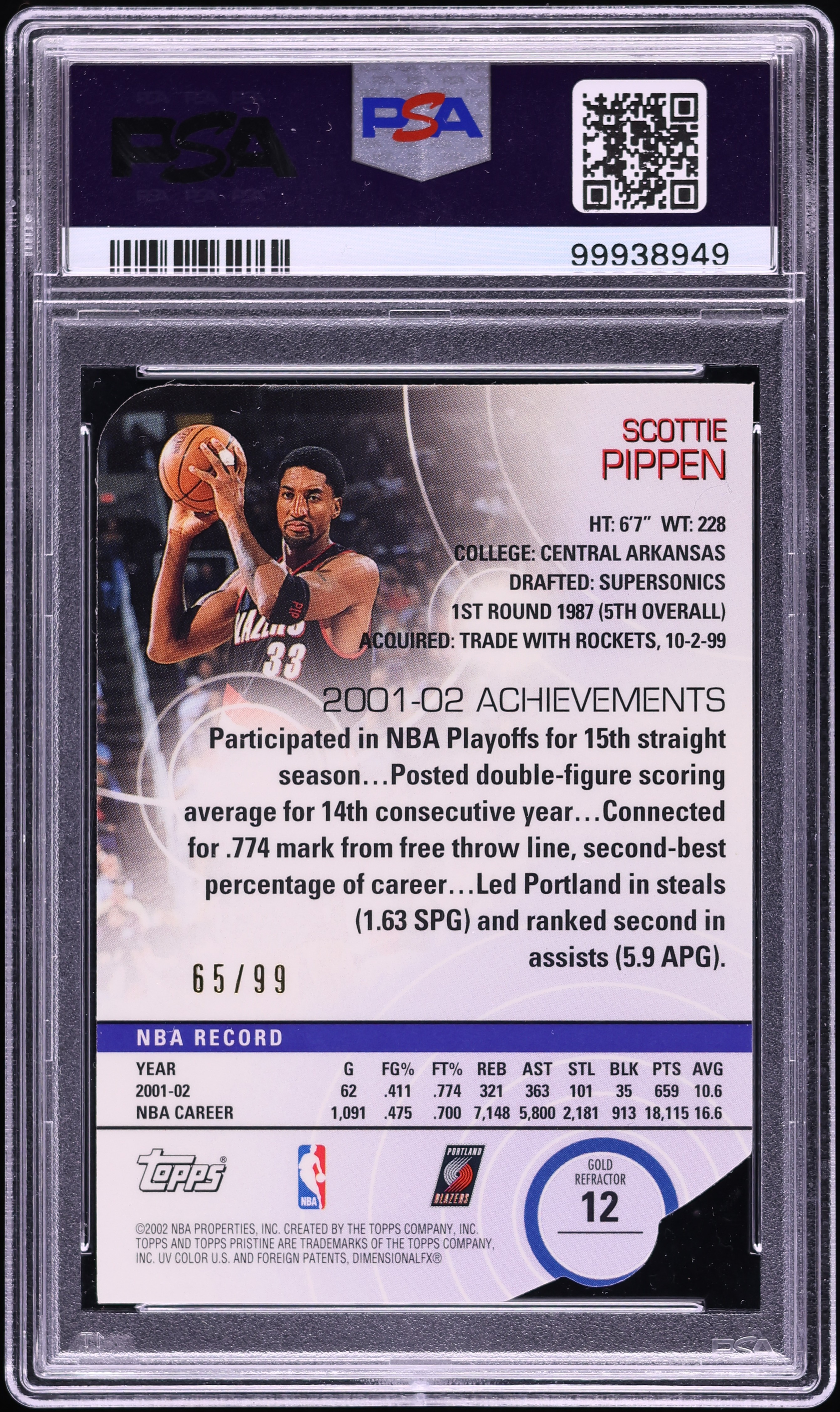 2002 Topps Pristine Gold Refractor Die-Cut Scottie Pippen /99 #12