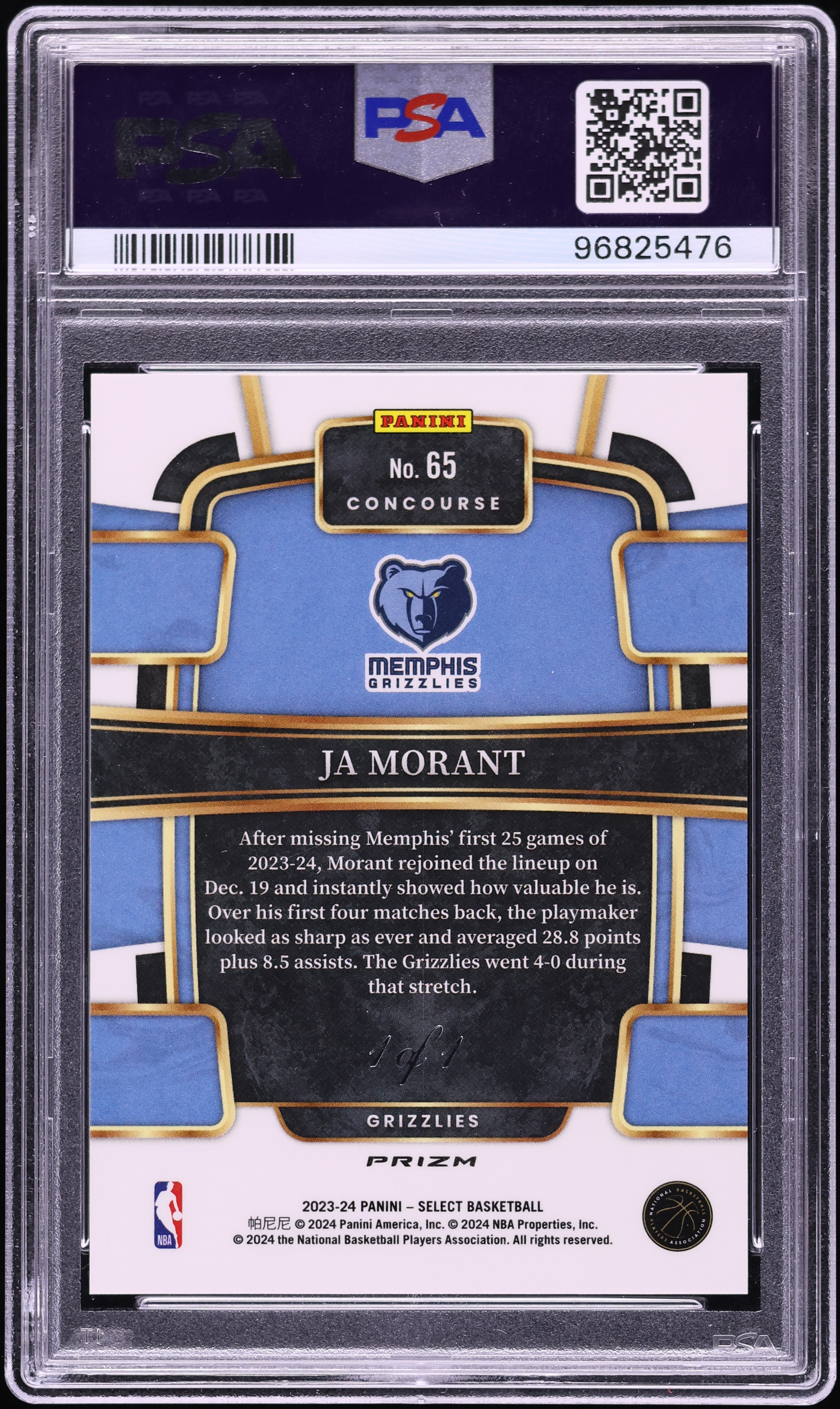 2023 Select Concourse Black Finite Ja Morant 1/1 #65 PSA 10 GEM