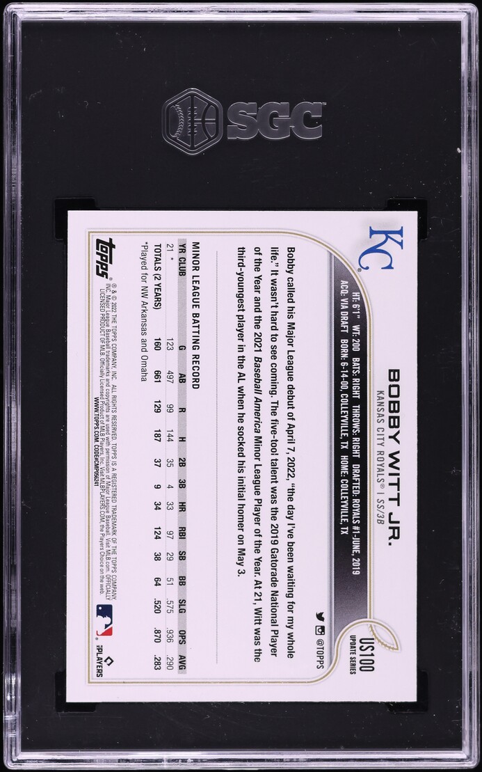 2022 Topps Update Bobby Witt Jr. ROOKIE #US100 SGC 10 GEM MINT
