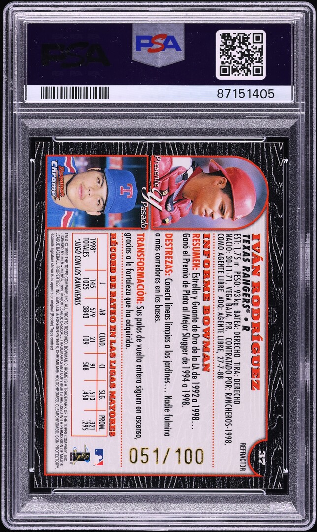 1999 Bowman Chrome International Refractor Ivan Rodriguez /100 #37 PSA 9 MINT
