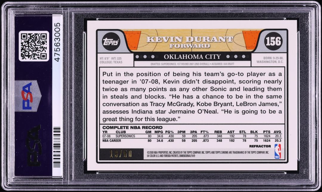 2008 Topps Chrome Gold Refractor Kevin Durant /50 #156 PSA 10 GEM MINT