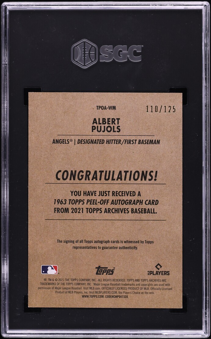 2021 Topps Archives '63 Peel-Off Albert Pujols AUTO /125 #TPOA-WM SGC 10 GEM MINT