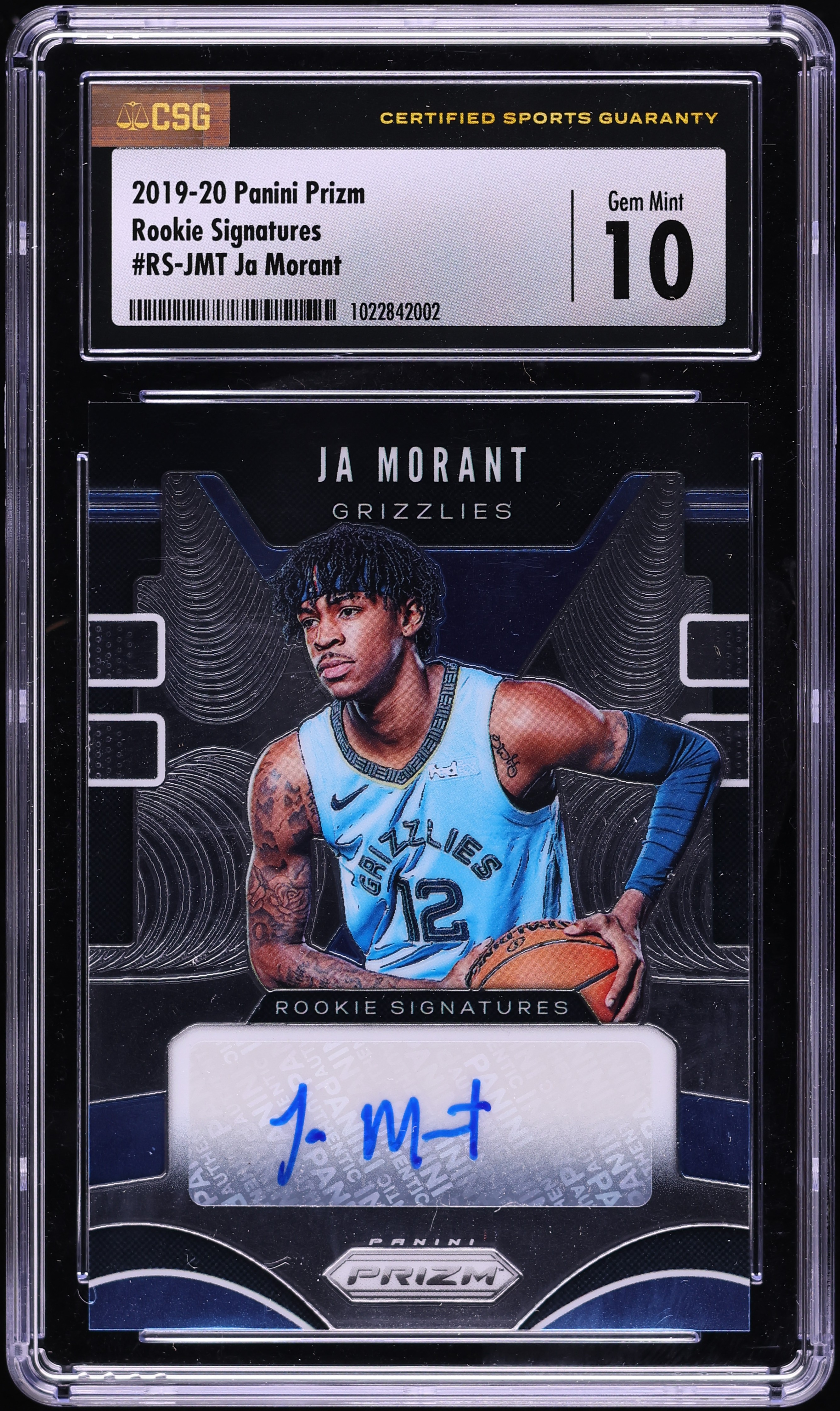 2019 Panini Prizm Ja Morant ROOKIE AUTO #RS-JMT CSG 10 GEM MINT on
