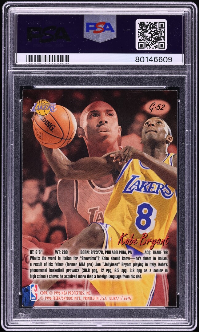 1996 Ultra Gold Medallion Kobe Bryant ROOKIE #G-52 PSA 8 NM-MT