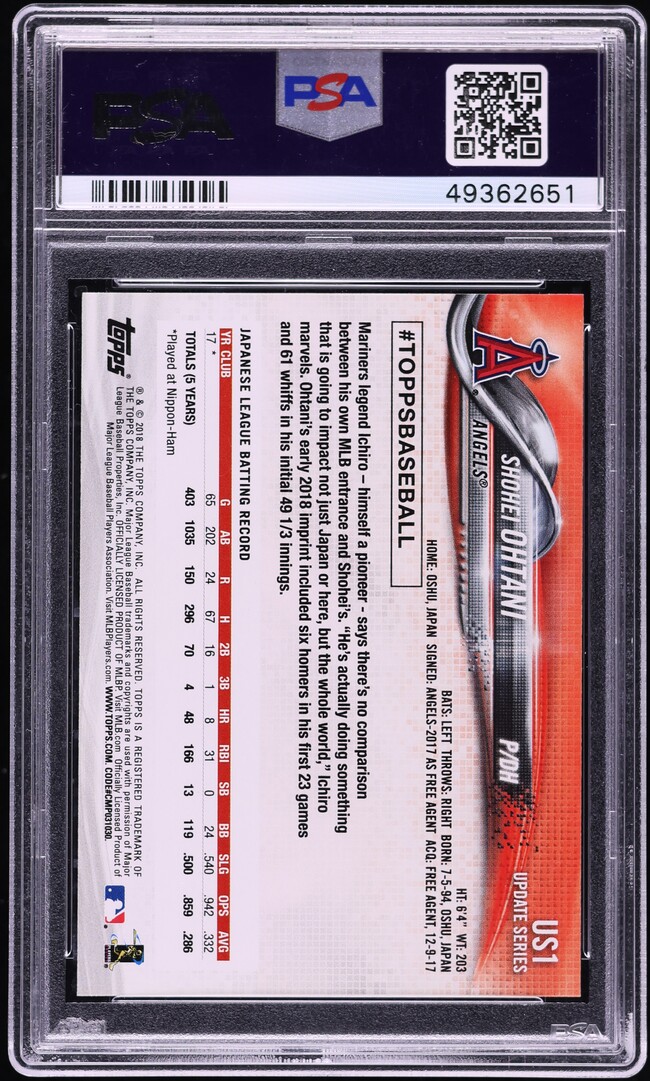 2018 Topps Update Warm Up Shohei Ohtani ROOKIE #US1 PSA 10 GEM MINT