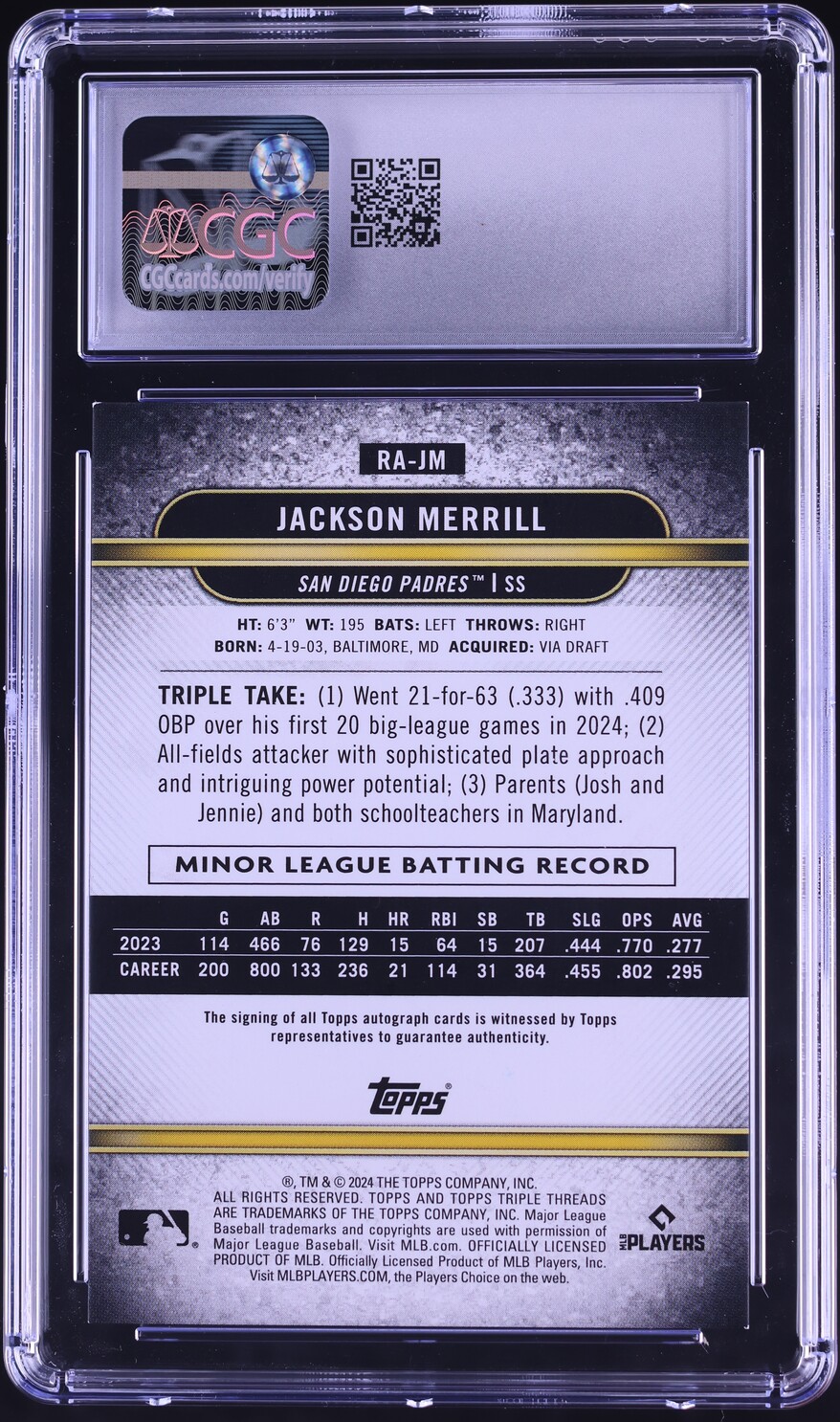 2024 Topps Triple Threads Amethyst Jackson Merrill ROOKIE AUTO /75 #RA-JM CGC 8