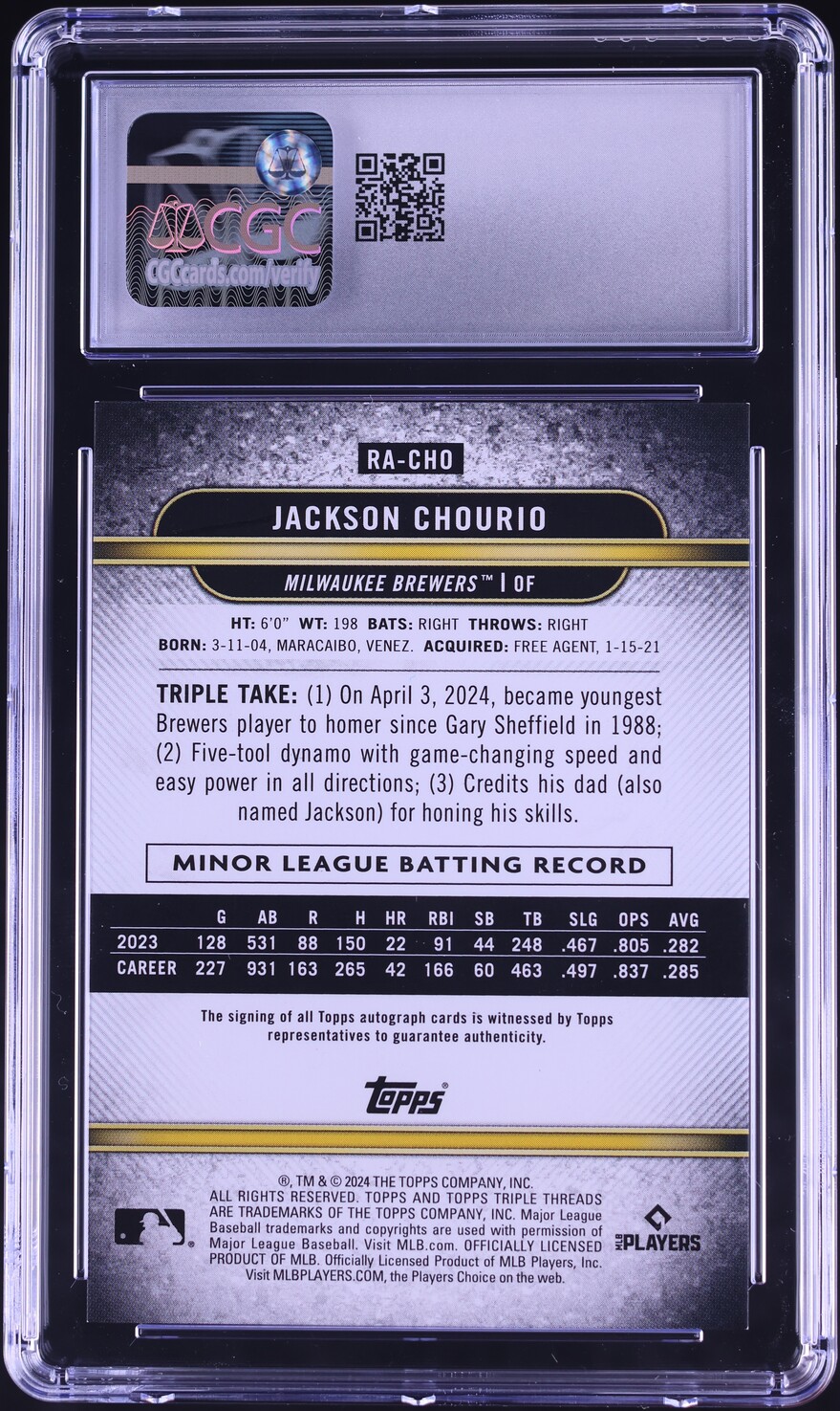 2024 Topps Triple Threads Jackson Chourio ROOKIE AUTO /199 #RACHO CGC 8.5 NM-MT+