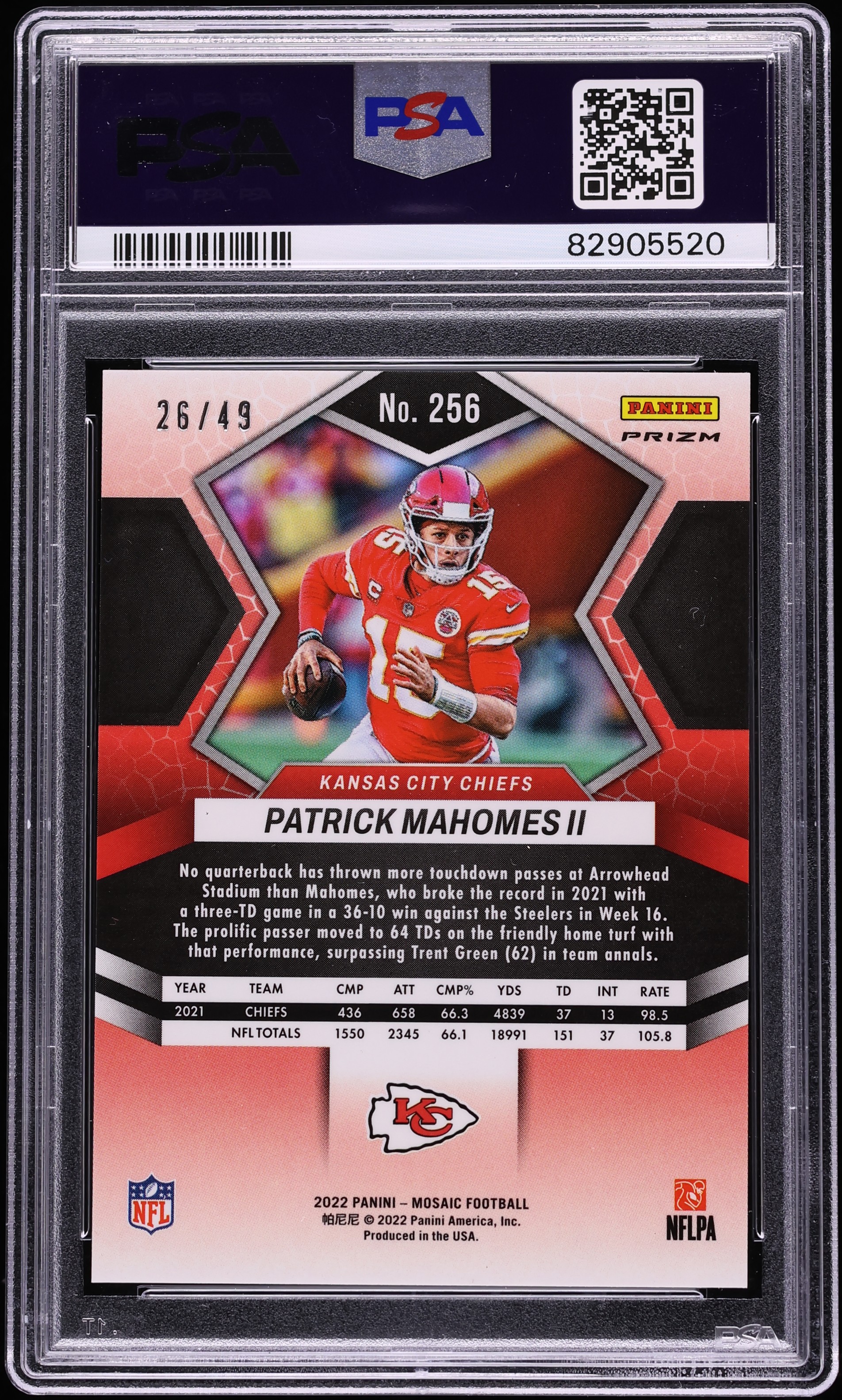 2022 Panini Mosaic Purple Patrick Mahomes II /49 #256 PSA 10 GEM