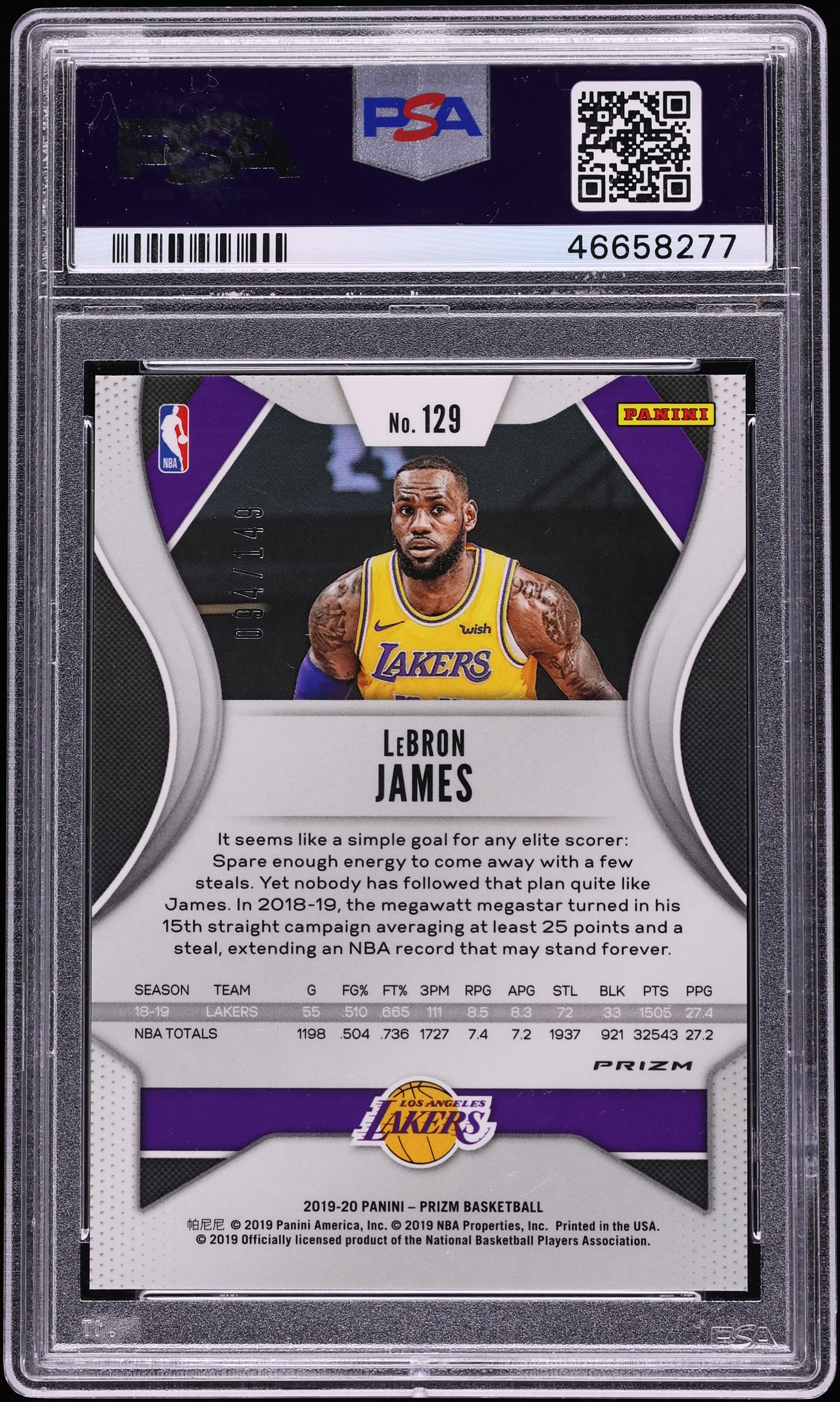 2019 Panini Prizm Purple Ice LeBron James /149 #129 PSA 10 GEM