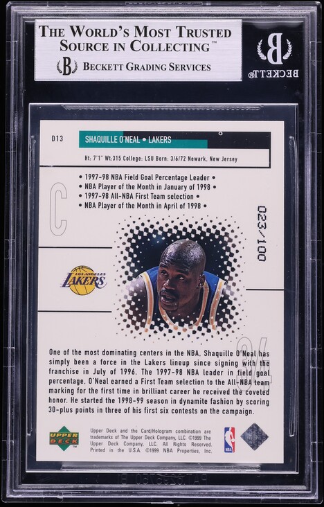 1998 Black Diamond Diamond Dominance Emerald Shaquille O'Neal /100 #D13 BGS 8.5
