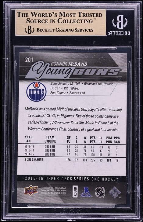 2015 Upper Deck Young Guns Connor McDavid ROOKIE #201 BGS 10 PRISTINE