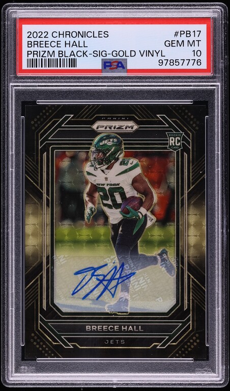 2022 Panini Chronicles Prizm Black Gold Vinyl Breece Hall ROOKIE AUTO /5 PSA 10