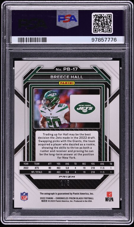 2022 Panini Chronicles Prizm Black Gold Vinyl Breece Hall ROOKIE AUTO /5 PSA 10
