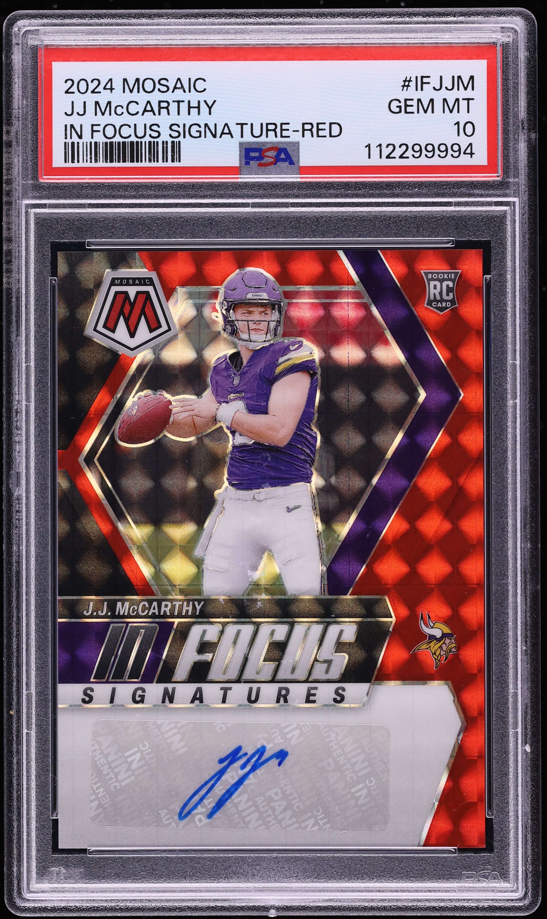 2024 Panini Mosaic In Focus Red J.J. McCarthy ROOKIE AUTO /199 #IF