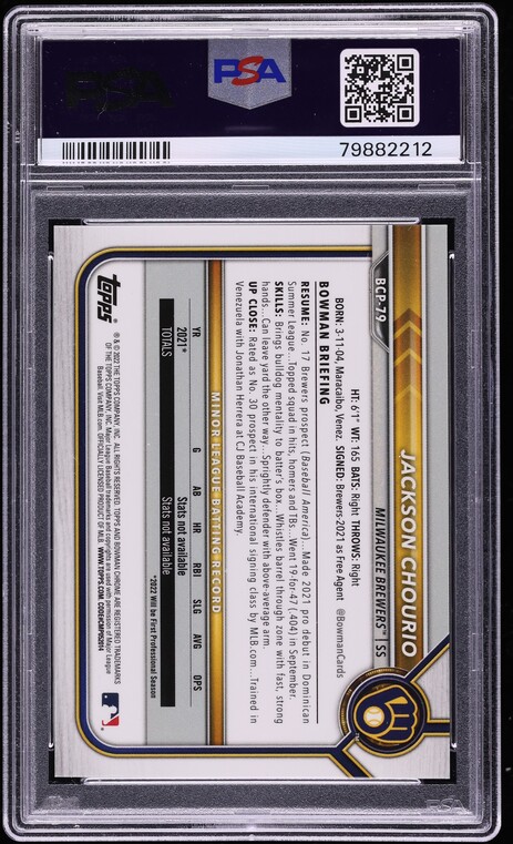 2022 Bowman Mega Box Chrome Pink Refractor Jackson Chourio /199 #79 PSA 9 MINT