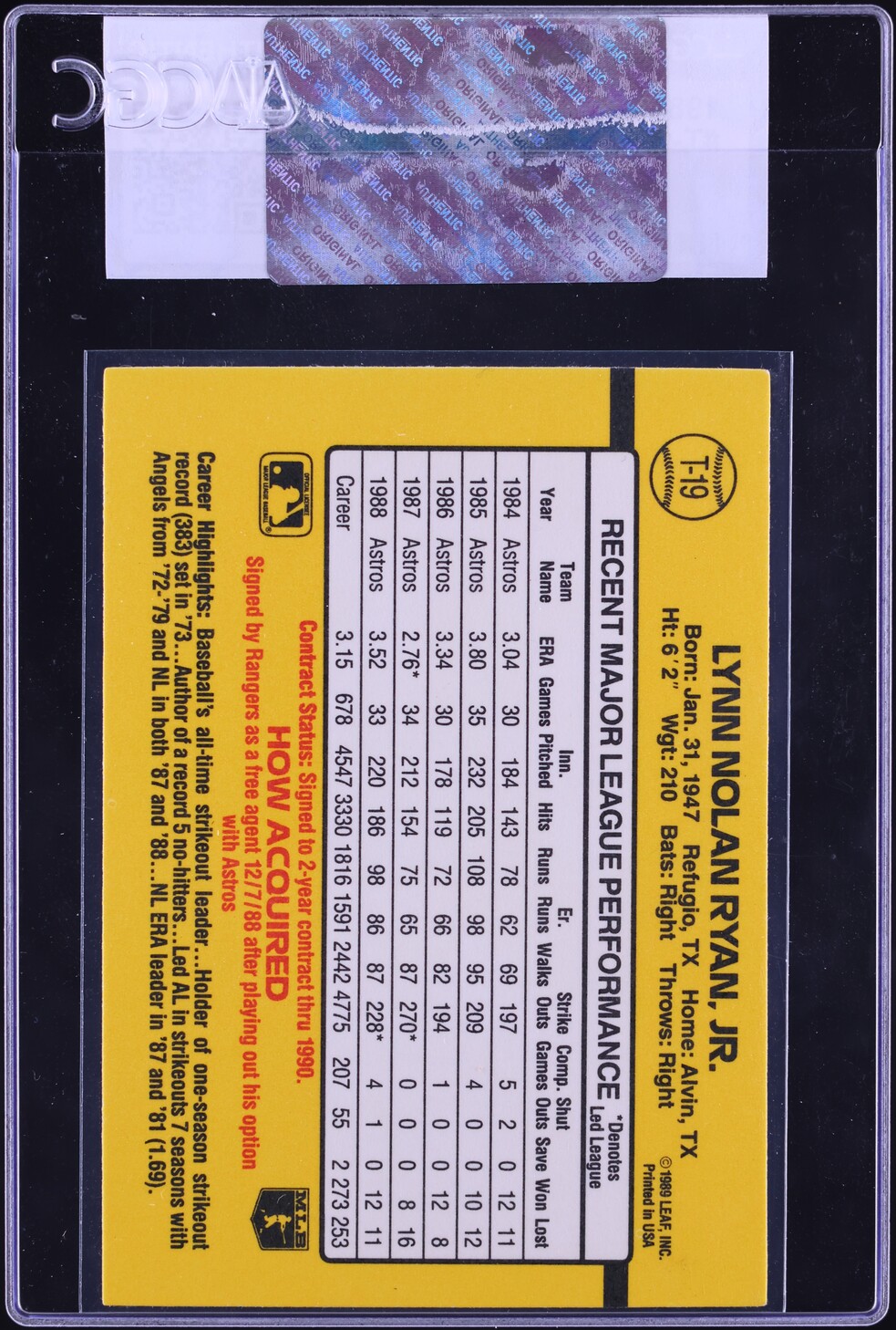 1989 Donruss Traded Nolan Ryan #T-19 CGC AUTH