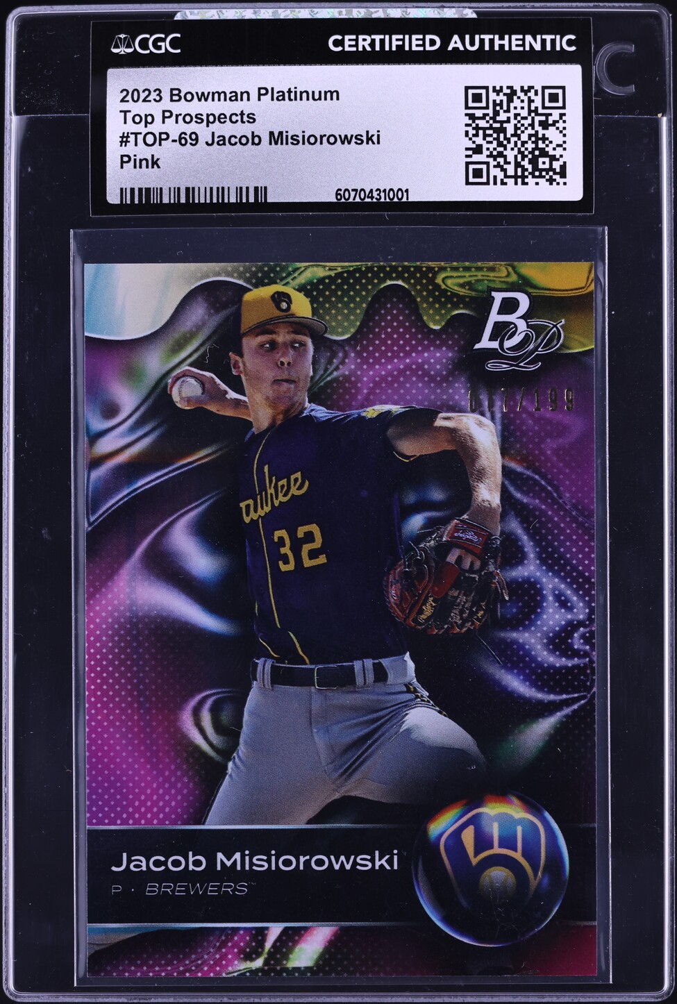2023 Bowman Platinum Top Prospects Pink Jacob Misiorowski PROSPECT /199 CGC AUTH
