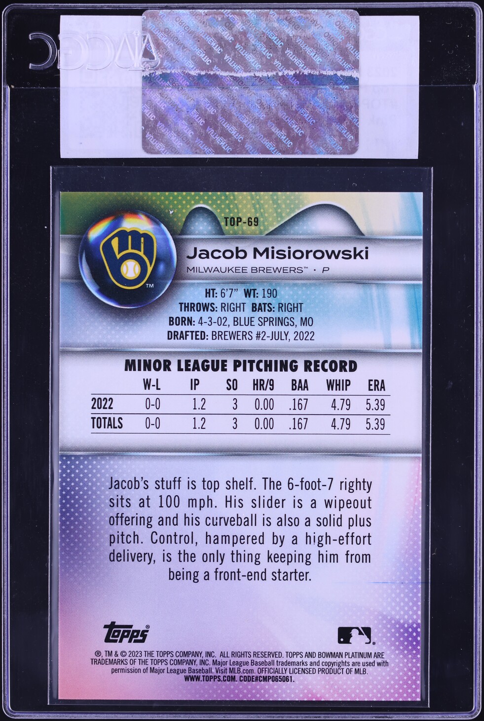 2023 Bowman Platinum Top Prospects Pink Jacob Misiorowski PROSPECT /199 CGC AUTH