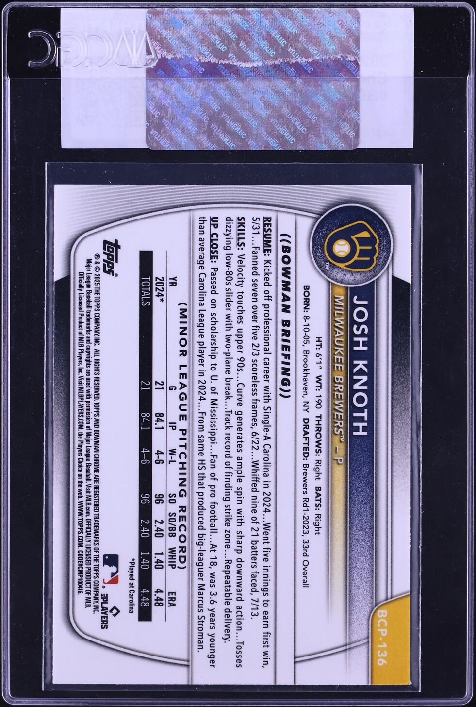 2025 Bowman Chrome Josh Knoth PROSPECT #BCP-136 CGC AUTH