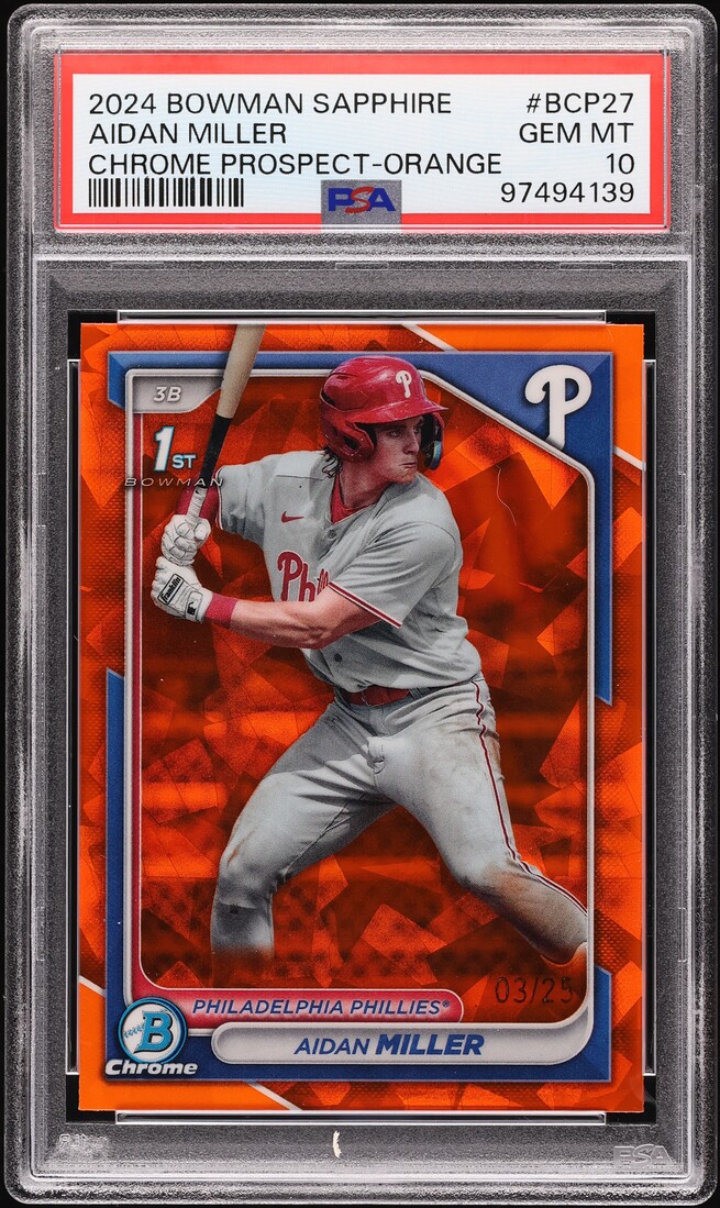 2024 Bowman Chrome Sapphire Orange Aidan Miller PROSPECT /25 #BCP27 PSA 10 GEM