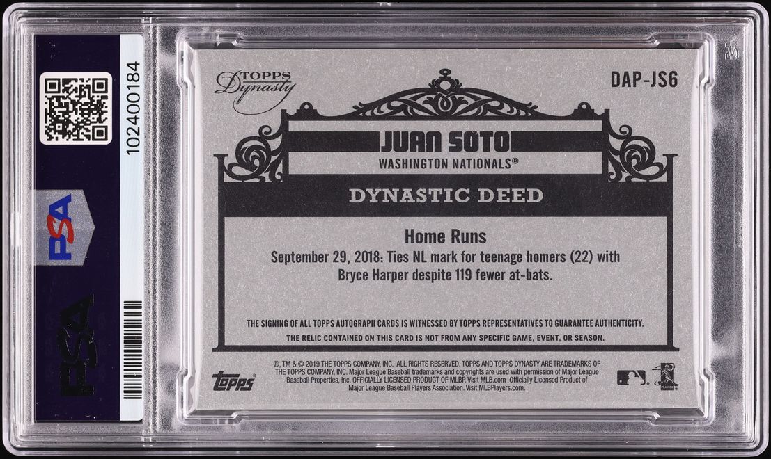 2019 Topps Dynasty Silver Juan Soto PATCH AUTO 5/5 #JS6 PSA 9 MINT