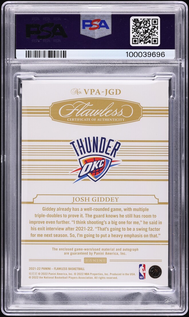 2021 Panini Flawless Vertical Gold Josh Giddey ROOKIE PATCH AUTO /10 PSA 9 MINT