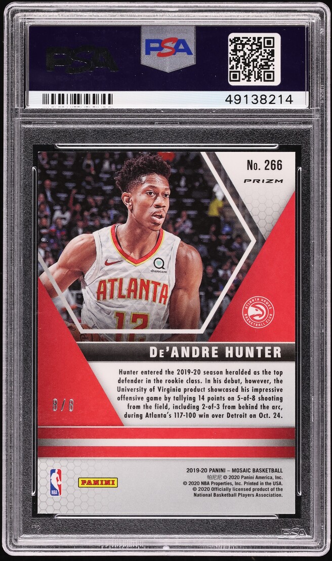 2019 Panini Mosaic Black Gold Choice De'andre Hunter ROOKIE 8/8 #266 PSA 9 MINT