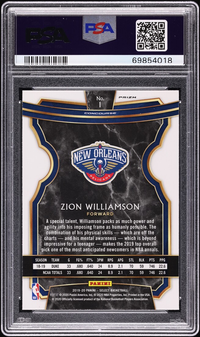2019 Select Concourse Silver Prizm Zion Williamson ROOKIE #1 PSA