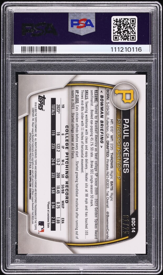 2023 Bowman Draft Sapphire Edition Orange Paul Skenes PROSPECT /25 PSA 9 MINT