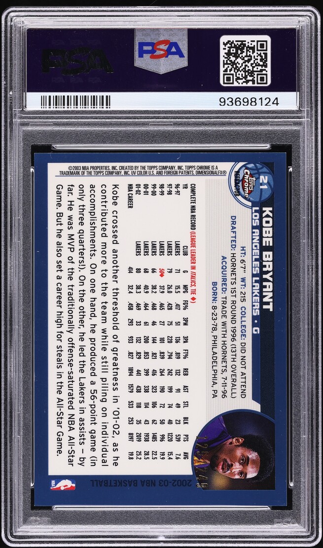 2002 Topps Chrome White Refractor Kobe Bryant /249 #21 PSA 10 GEM MINT