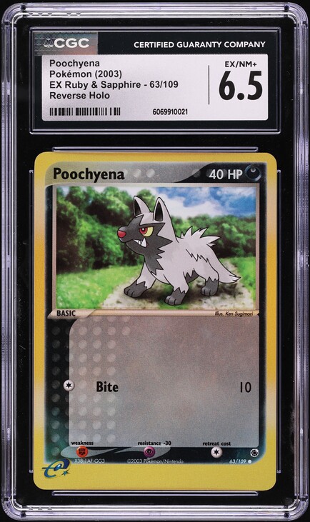 2003 Pokemon EX Ruby & Sapphire Reverse Holo Poochyena #63 CGC 6.5 EXMT+