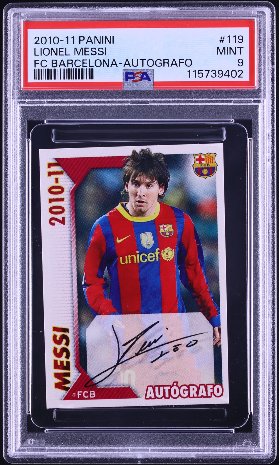 2010 Panini FC Barcelona Lionel Messi AUTO #119 PSA 9 MINT