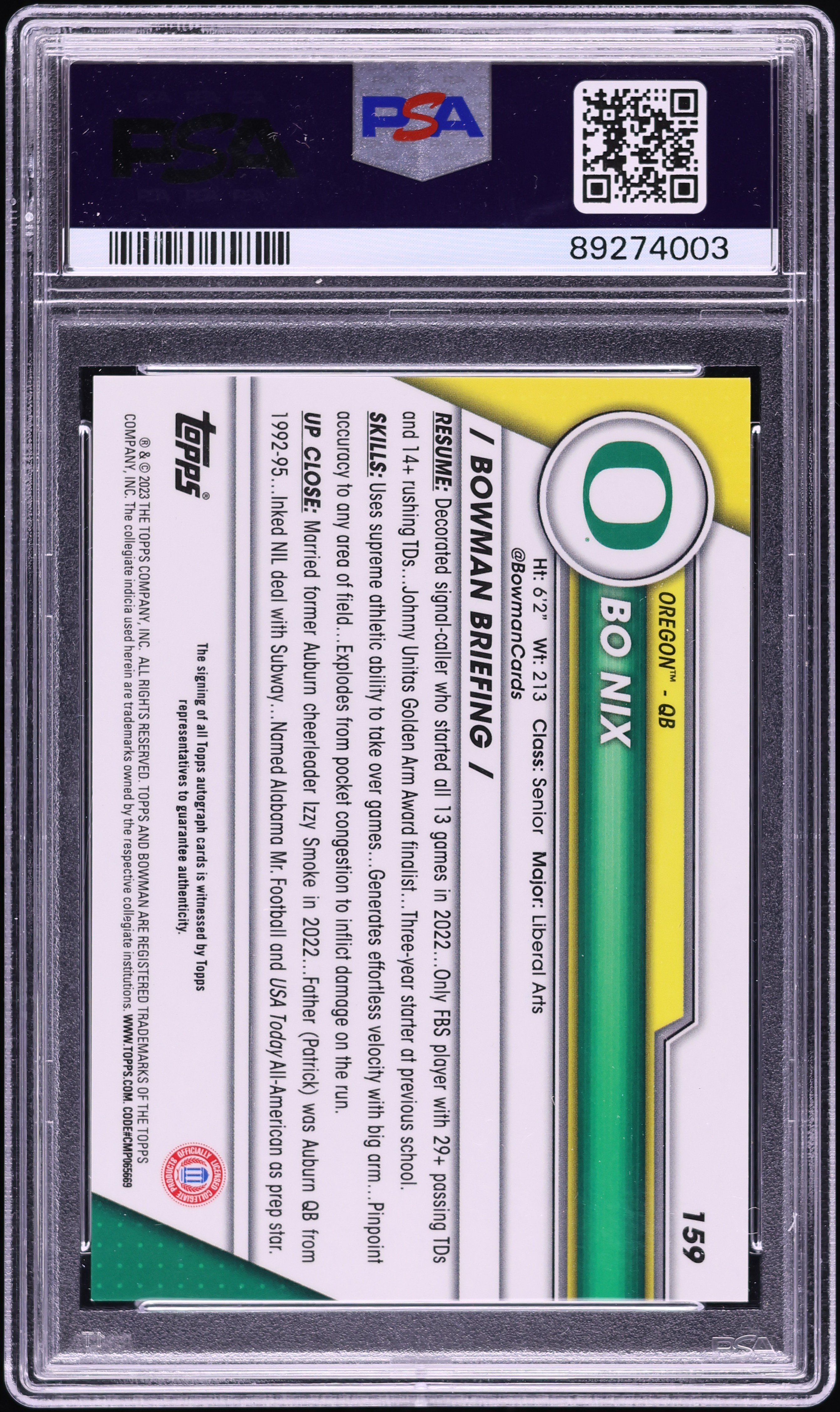 2023 Bowman Chrome University Bo Nix ROOKIE AUTO #159 PSA 10 GEM 