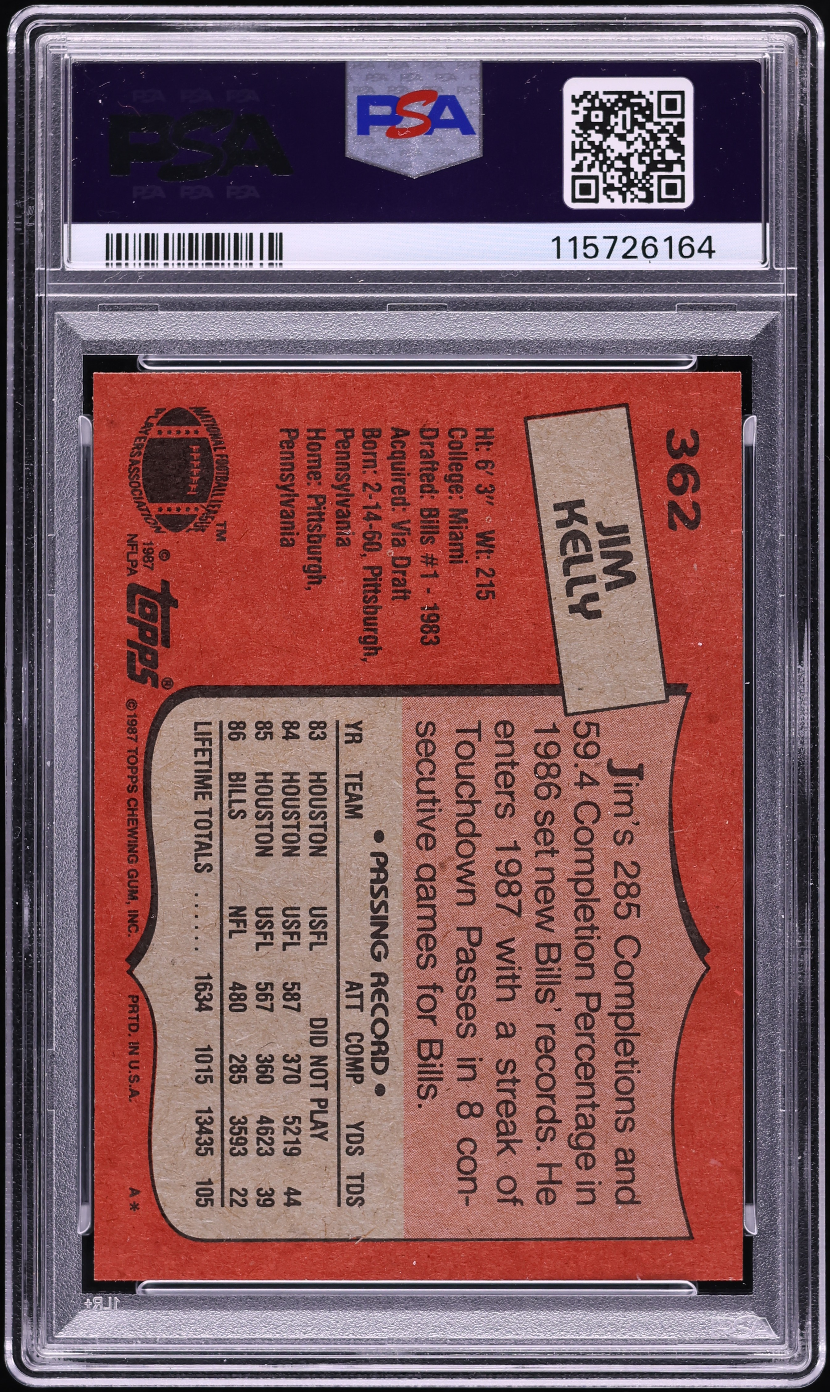 1987 Topps Football Jim Kelly ROOKIE #362 PSA 9 MINT on Fanatics
