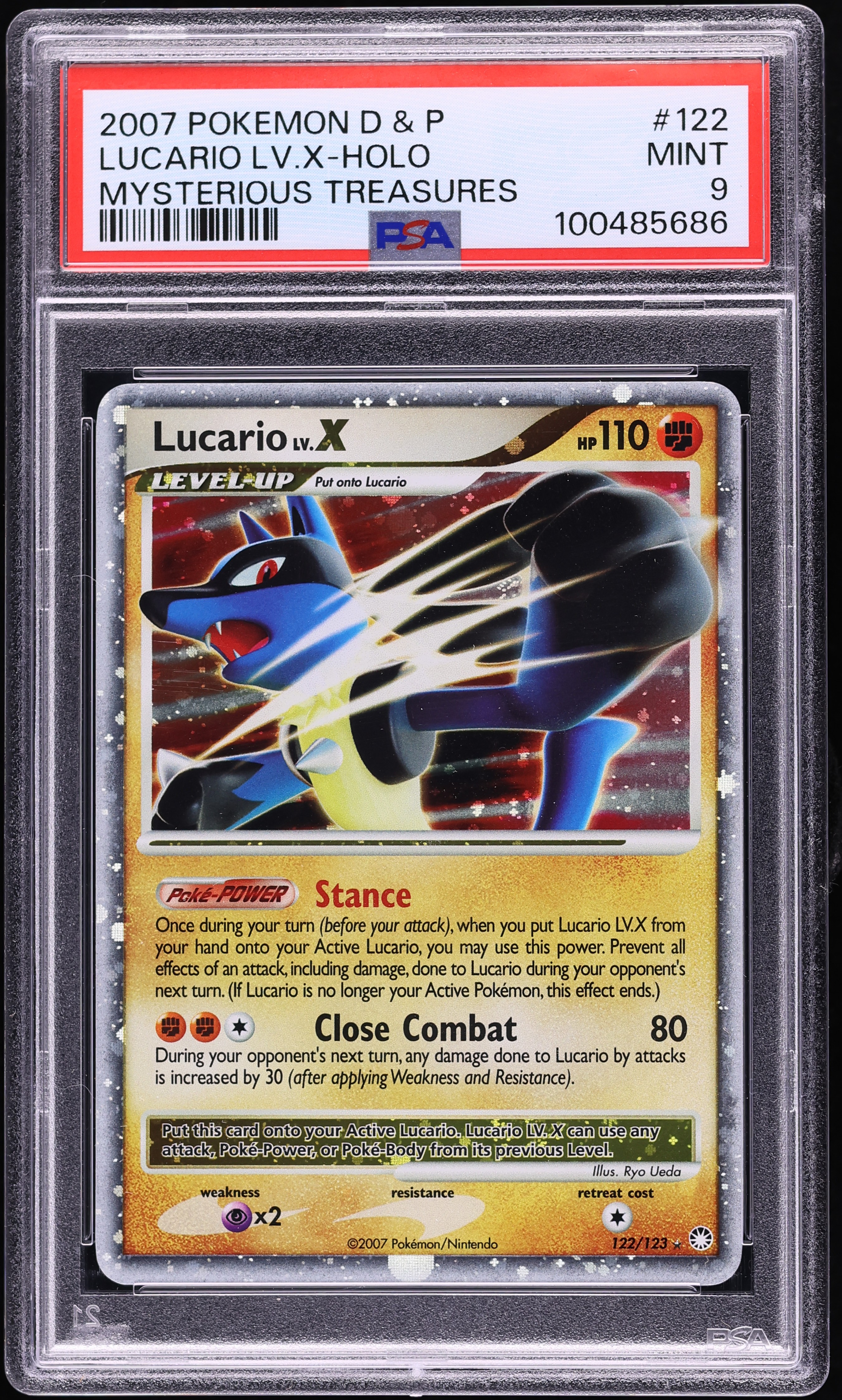 2007 Pokemon D & P Mysterious Treasures Holo Lucario LV X #122 PSA