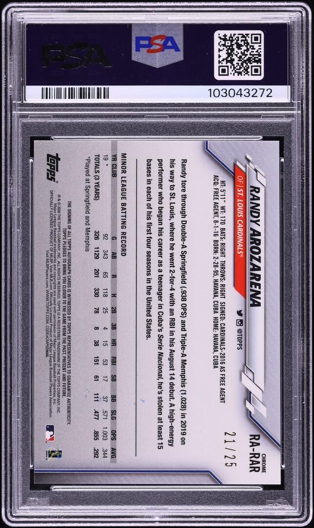 2020 Topps Chrome Orange Wave Refractor Randy Arozarena ROOKIE AUTO /25 PSA 10