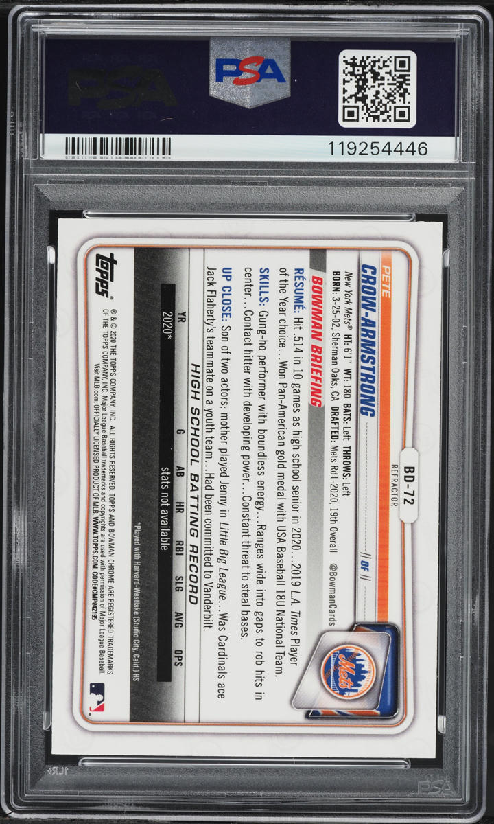 2020 Bowman Chrome Refractor Pete Crow-Armstrong PROSPECT #BD-72 PSA 10 GEM MINT