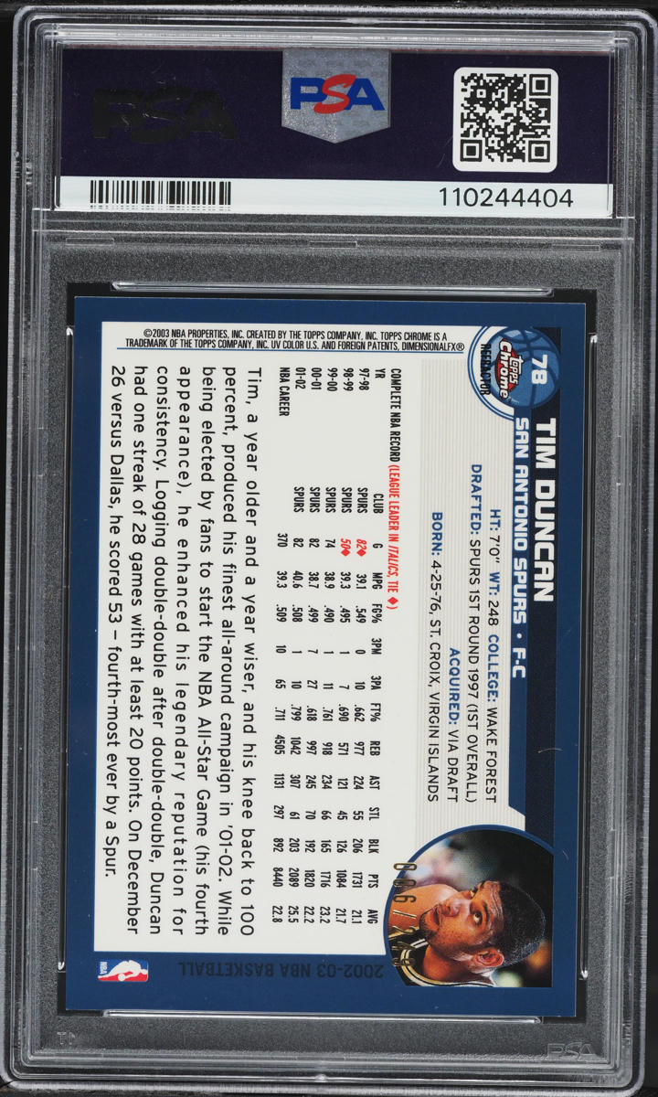 2002 Topps Chrome White Refractor Tim Duncan /249 #78 PSA 10 GEM MINT