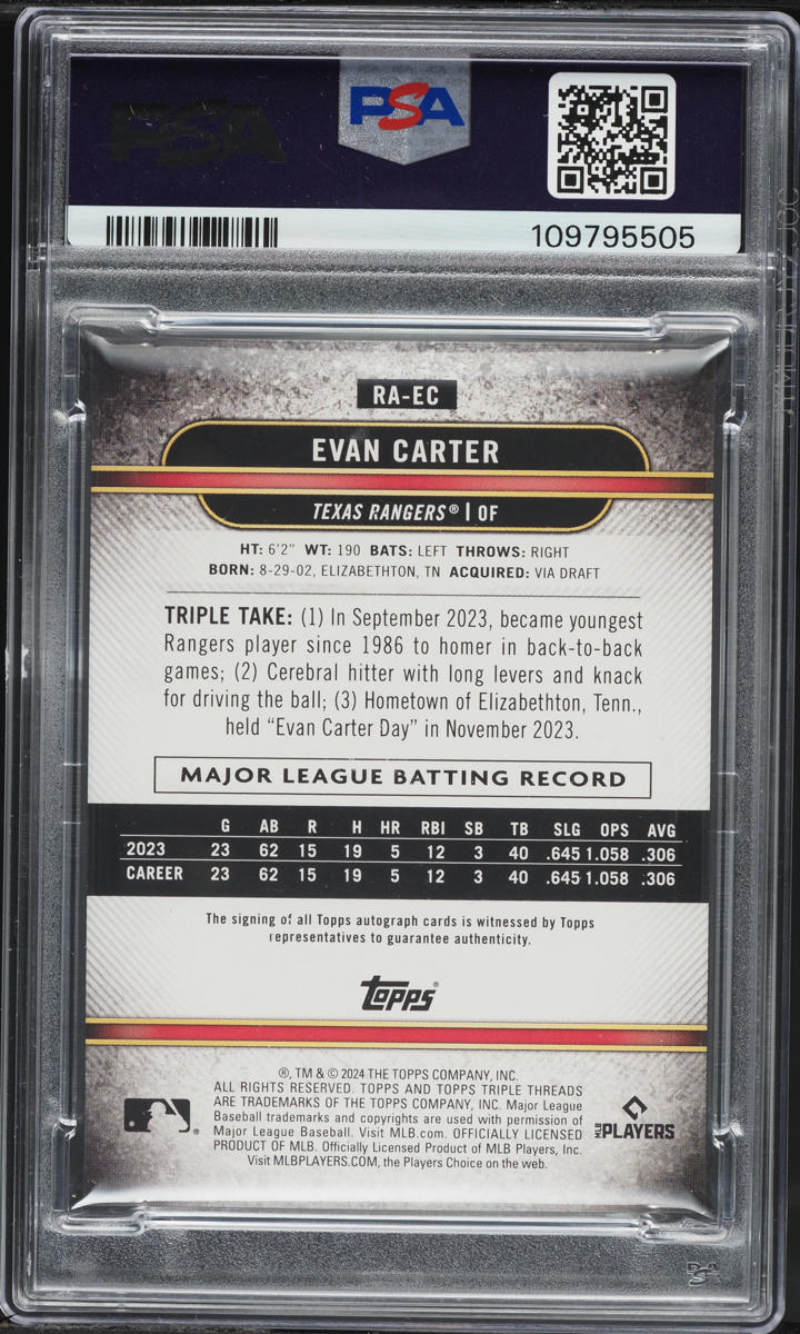 2024 Topps Triple Threads Emerald Evan Carter ROOKIE AUTO /50 #EC PSA 9 MINT