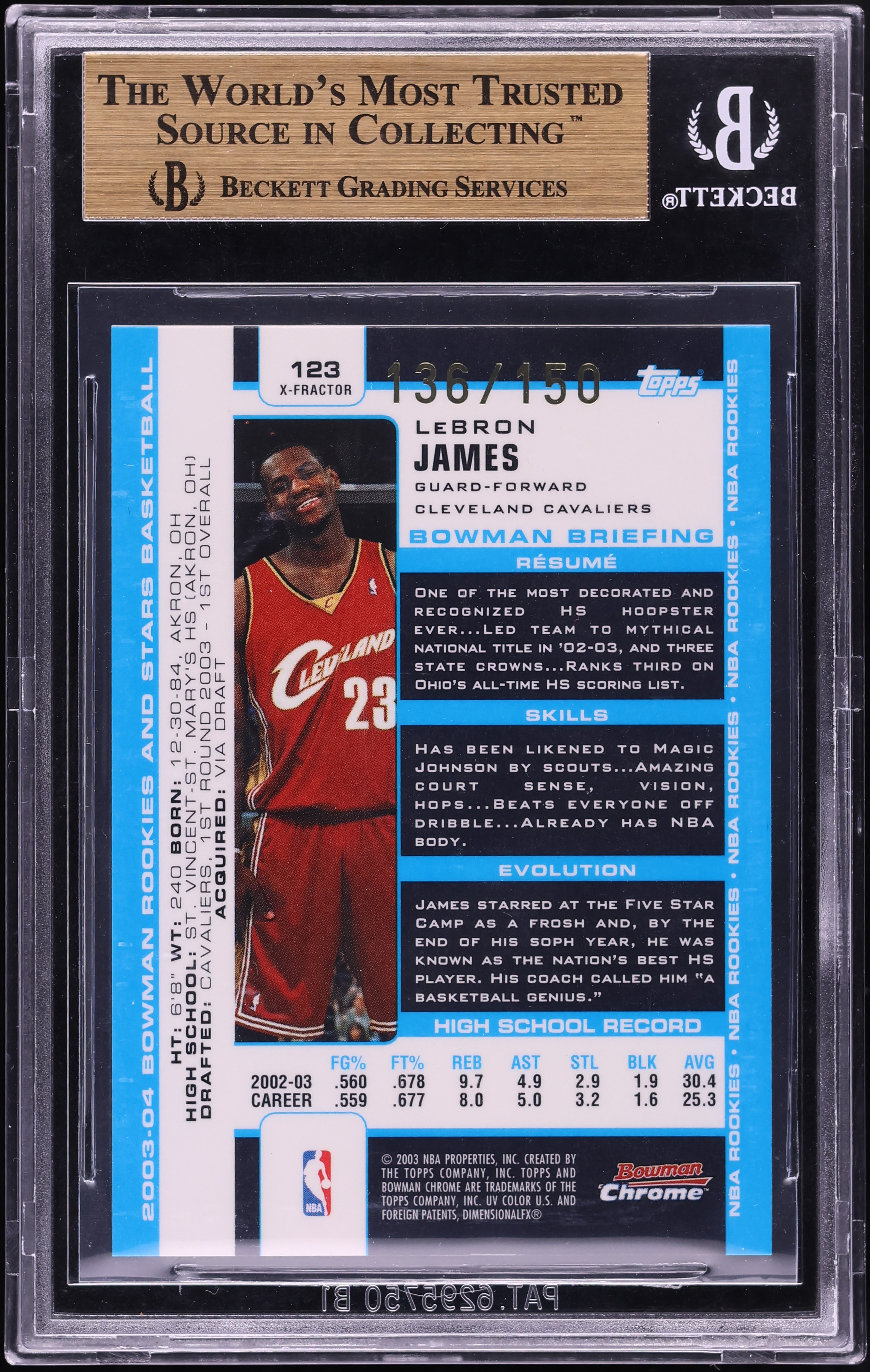 2003 Bowman Chrome Xfractor LeBron James ROOKIE /150 #123 BGS 9.5