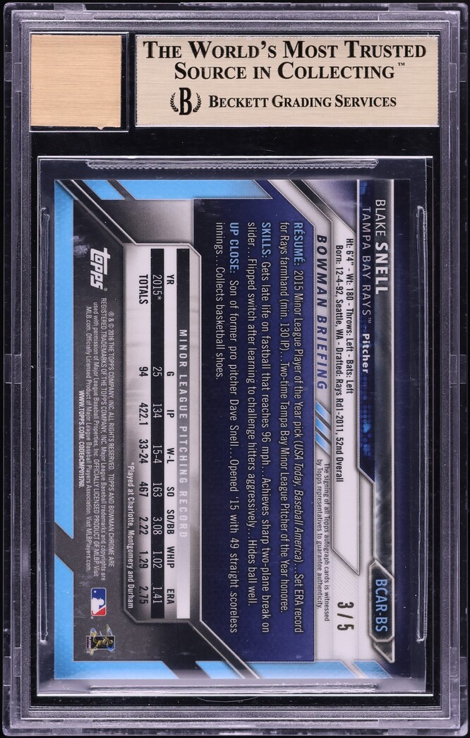 2016 Bowman Chrome Red Refractor Blake Snell ROOKIE AUTO /5 BGS 9.5 GEM MINT