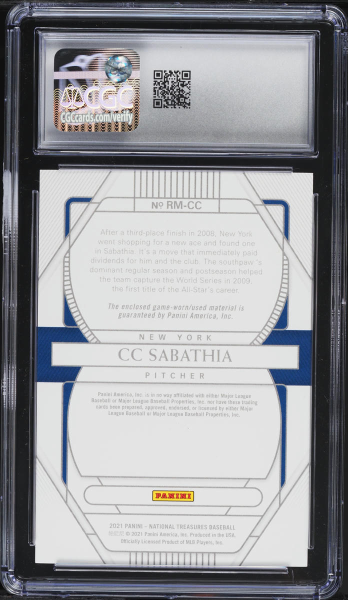2021 National Treasures Retro Holo Gold CC Sabathia PATCH /25 #RM-CC CGC 10 GEM MINT