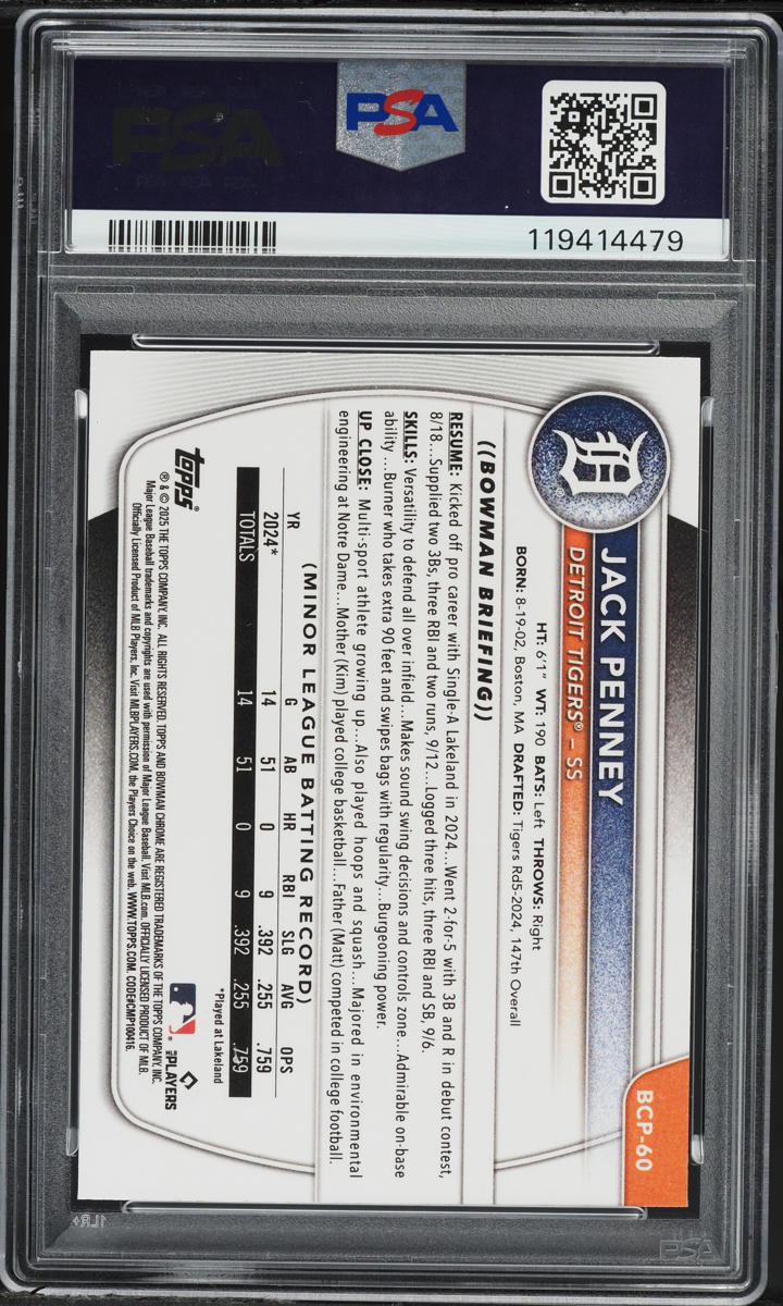 2025 Bowman Chrome Blue Geometric Jack Penney PROSPECT /150 #BCP60 PSA 8 NM-MT