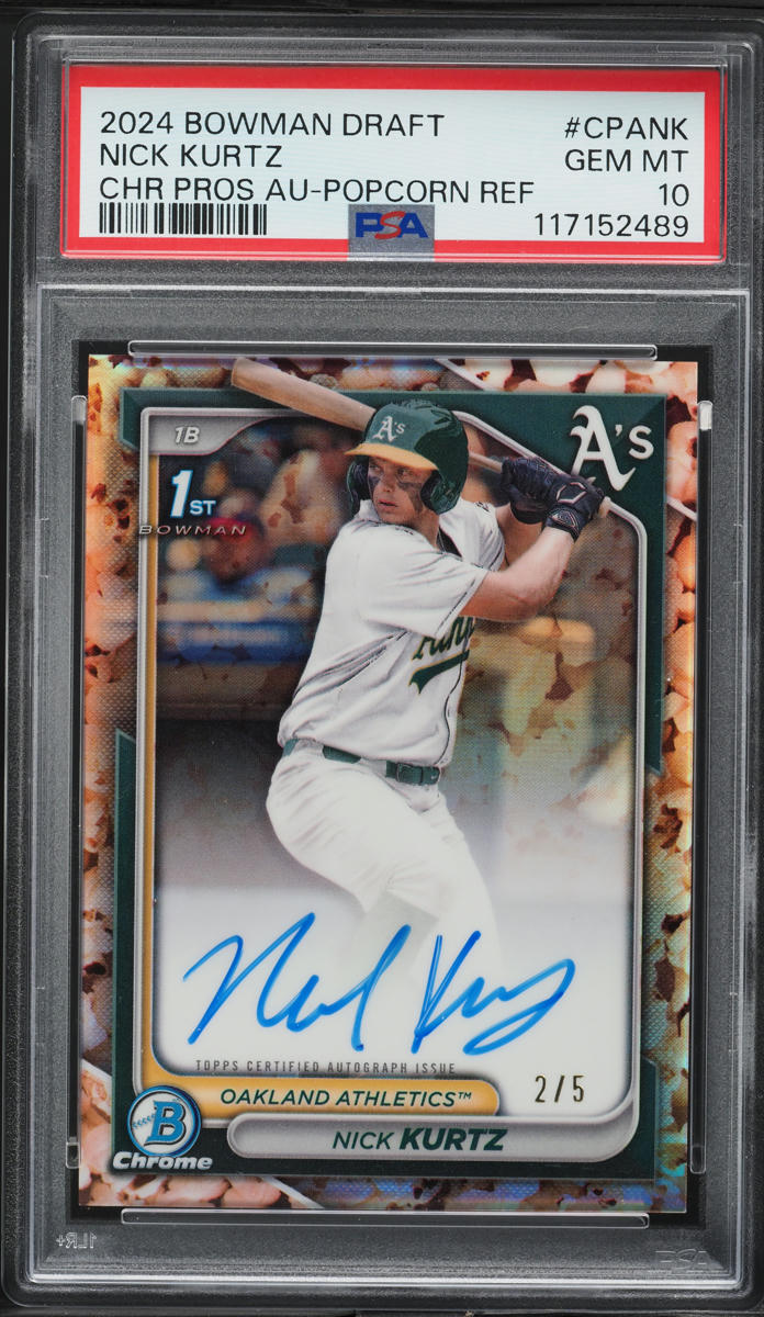 2024 Bowman Chrome Popcorn Refractor Nick Kurtz PROSPECT AUTO /5 #CPANK PSA 10