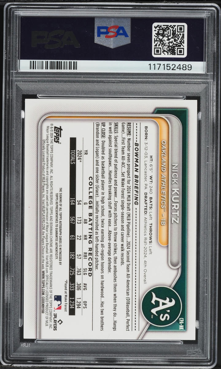 2024 Bowman Chrome Popcorn Refractor Nick Kurtz PROSPECT AUTO /5 #CPANK PSA 10
