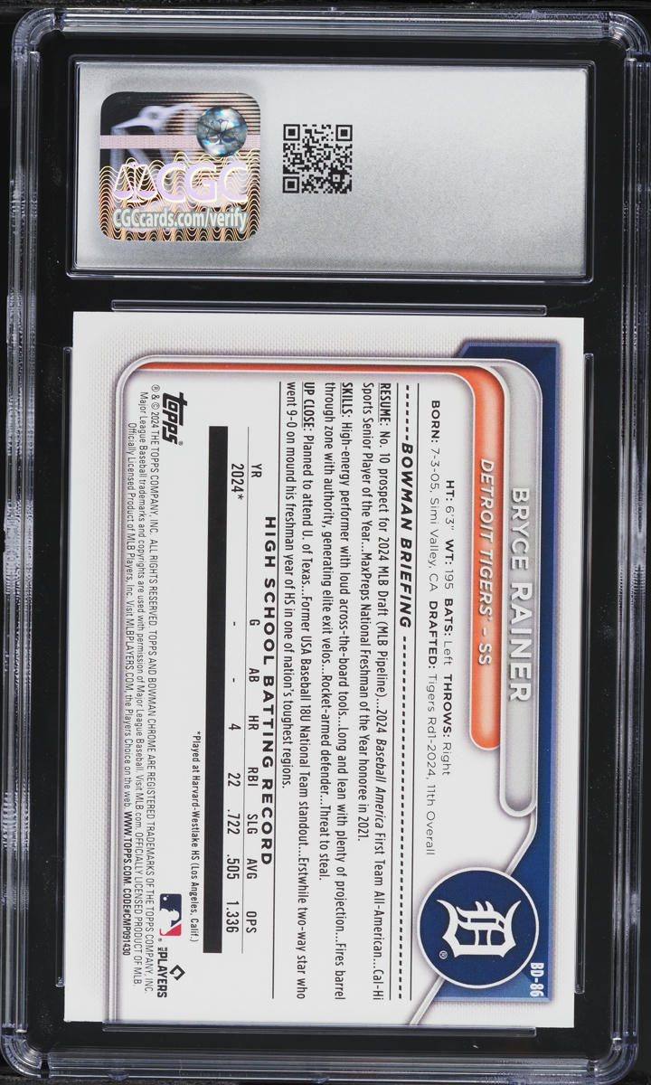 2024 Bowman Draft Sky Blue Bryce Rainer PROSPECT /499 #BD-86 CGC 10 GEM MINT
